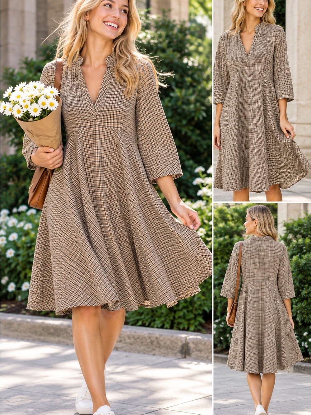Zara Women Houndstooth Dress V-Neck A-Line Dress in Check Great for Fall